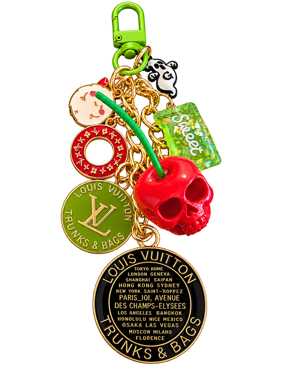 🍒 Sweetly Spooky — Upcycled LV Skull Cherry Bag Charm 👻