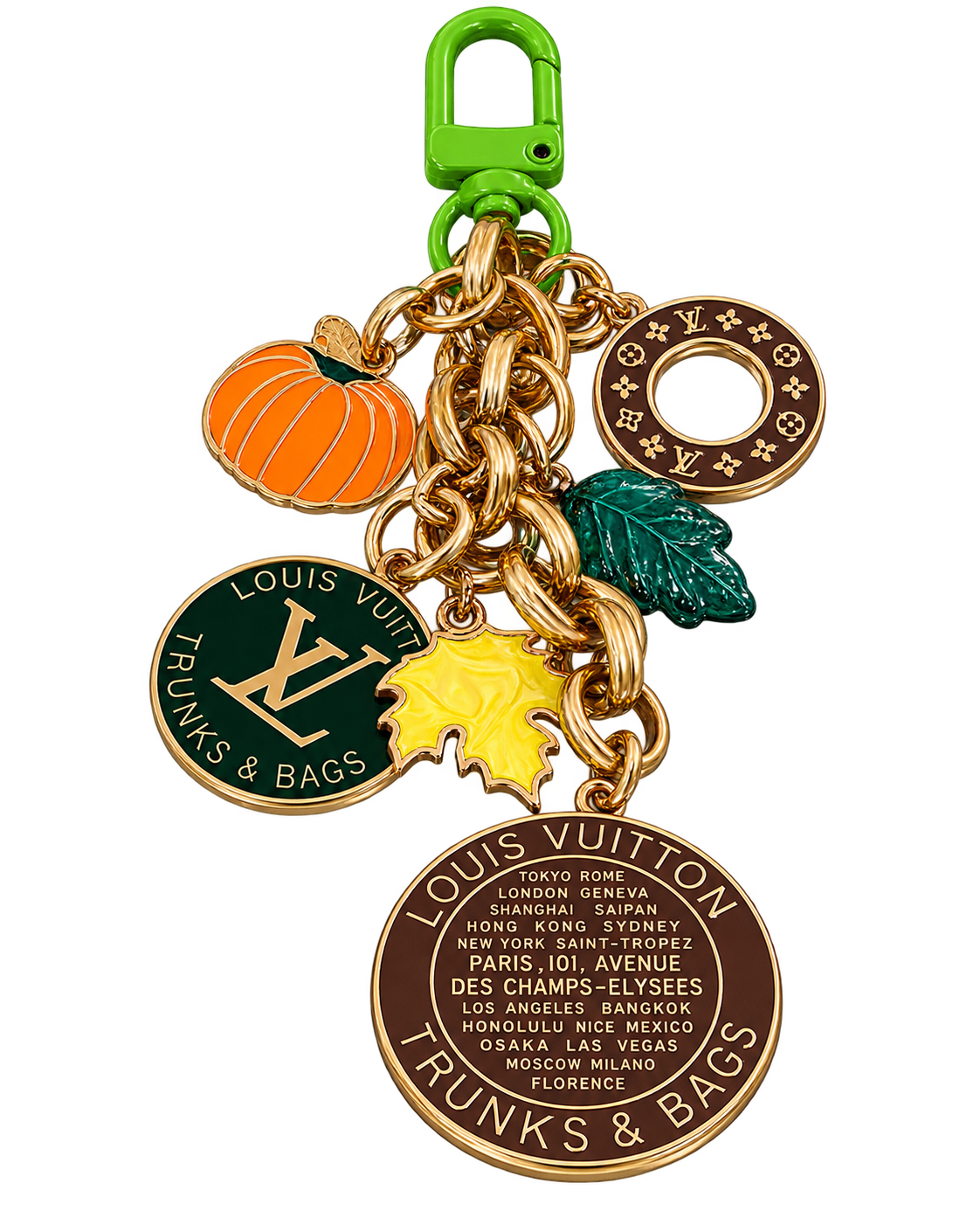 Autumn bag charm with chunky gold-tone vintage links, a green clasp, pumpkin and leaf details, and upcycled LV medallions
