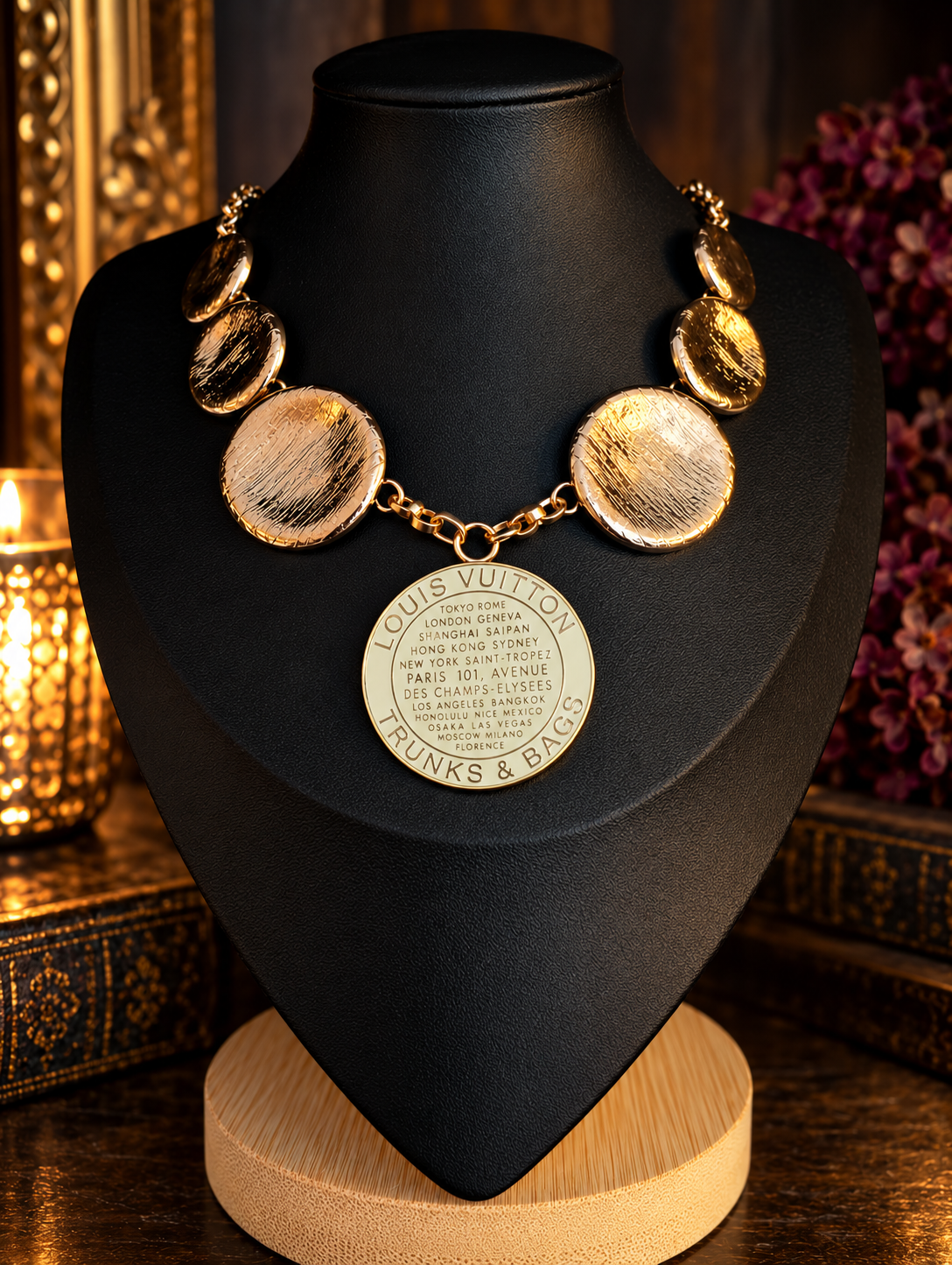 Golden Destinations — Vintage Upcycled LV Statement Necklace