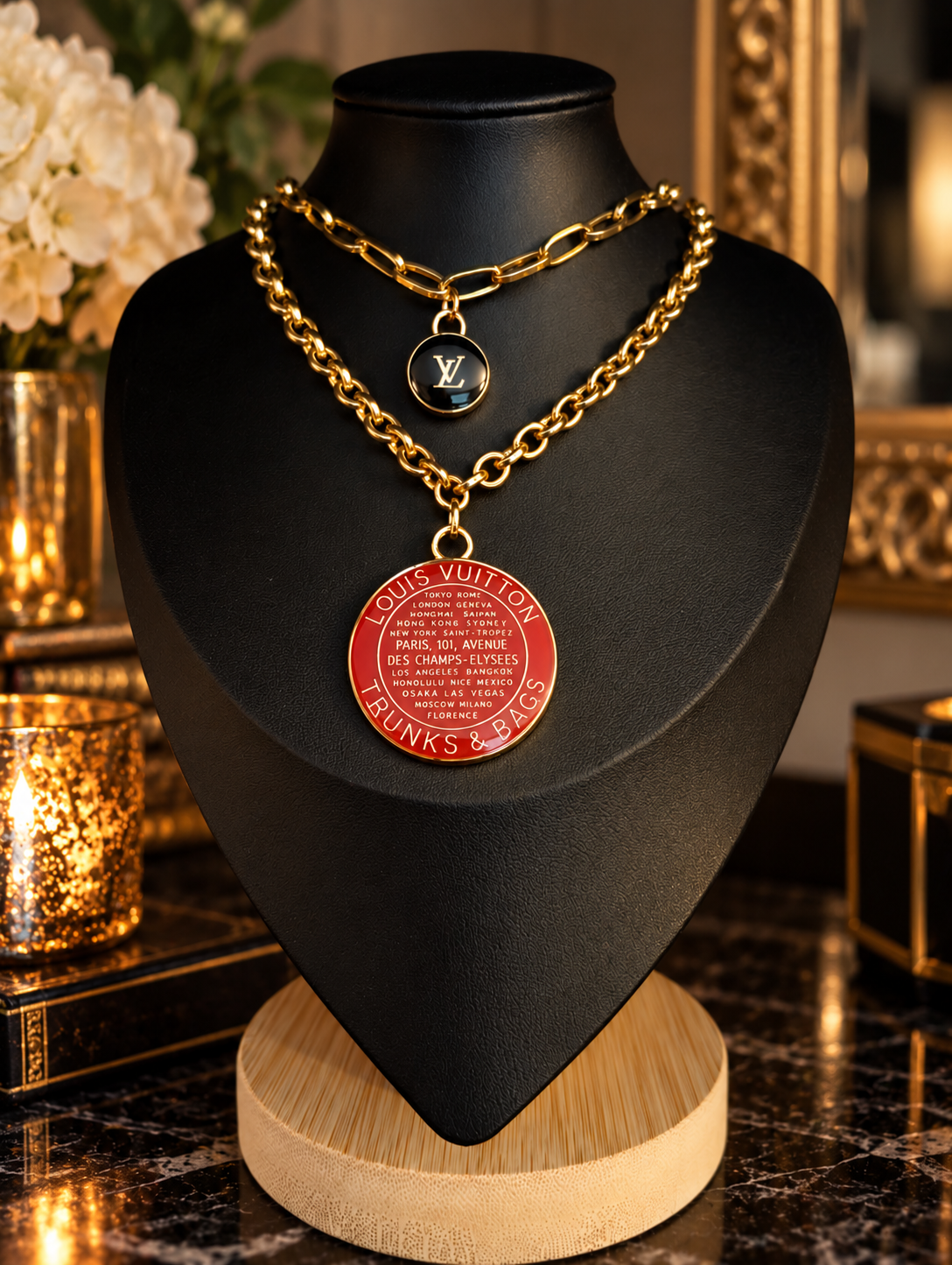 Scarlet City — Vintage Avon & Upcycled LV Double-Layer Necklace ❤️