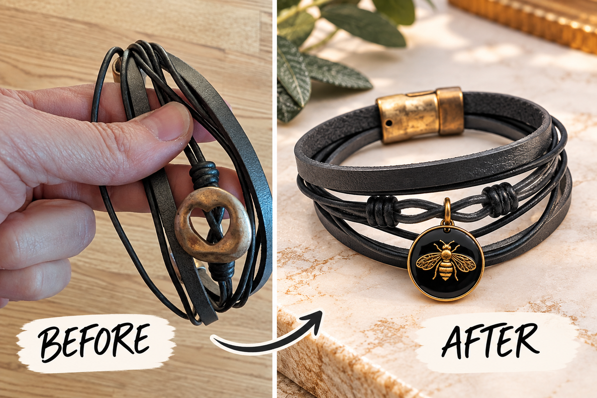 Laura’s bracelet transformation, from a heart-cutout centerpiece to a gold-tone bee charm