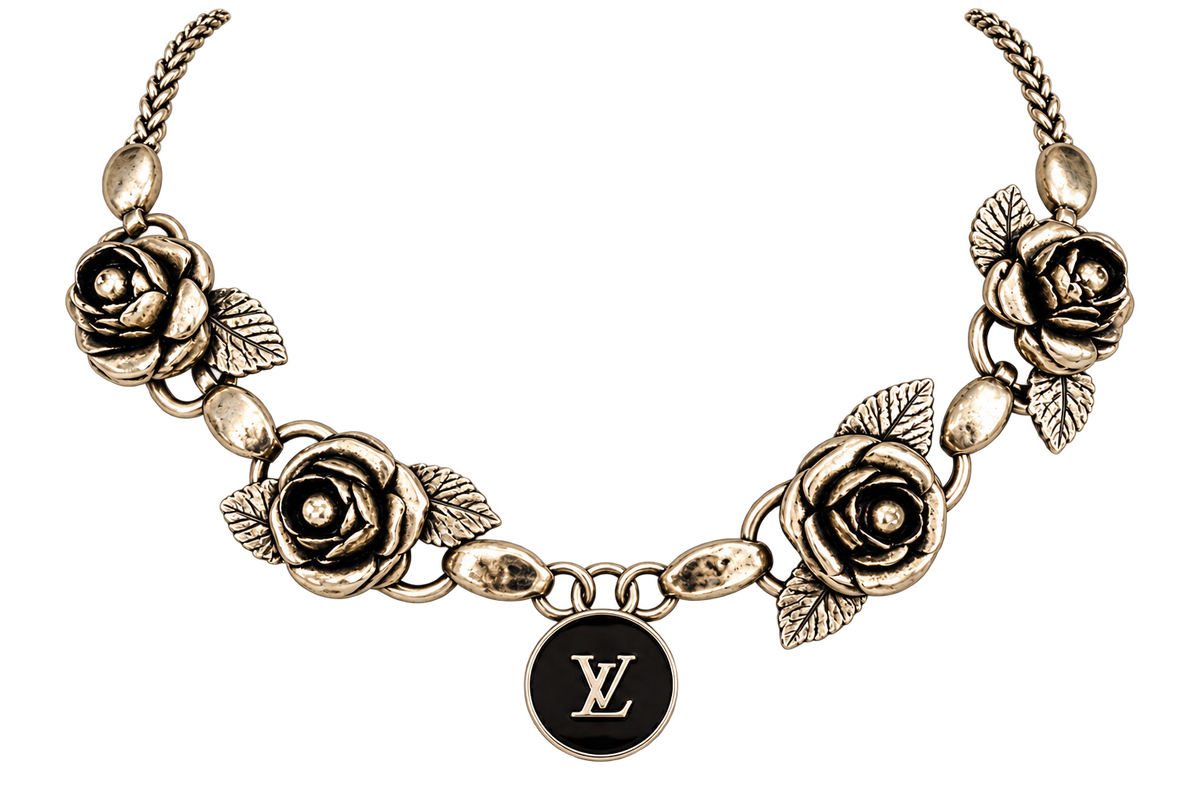 Noir Rose vintage floral upcycled LV choker