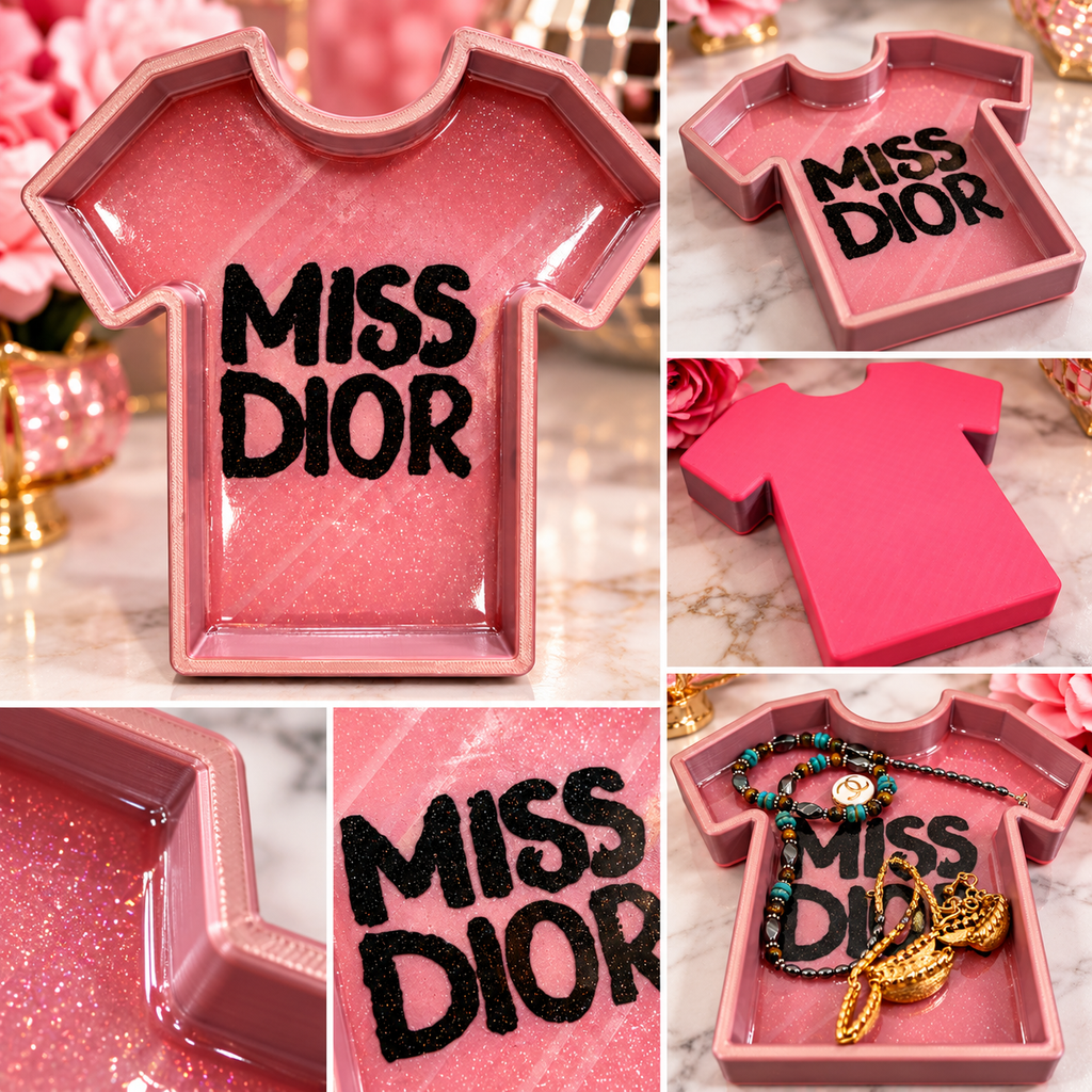 Collage showing the rose-gold glitter tee jewelry tray from several angles