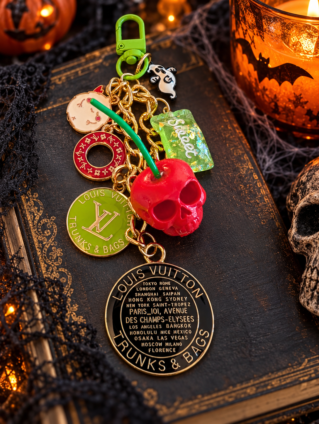🍒 Sweetly Spooky — Upcycled LV Skull Cherry Bag Charm 👻